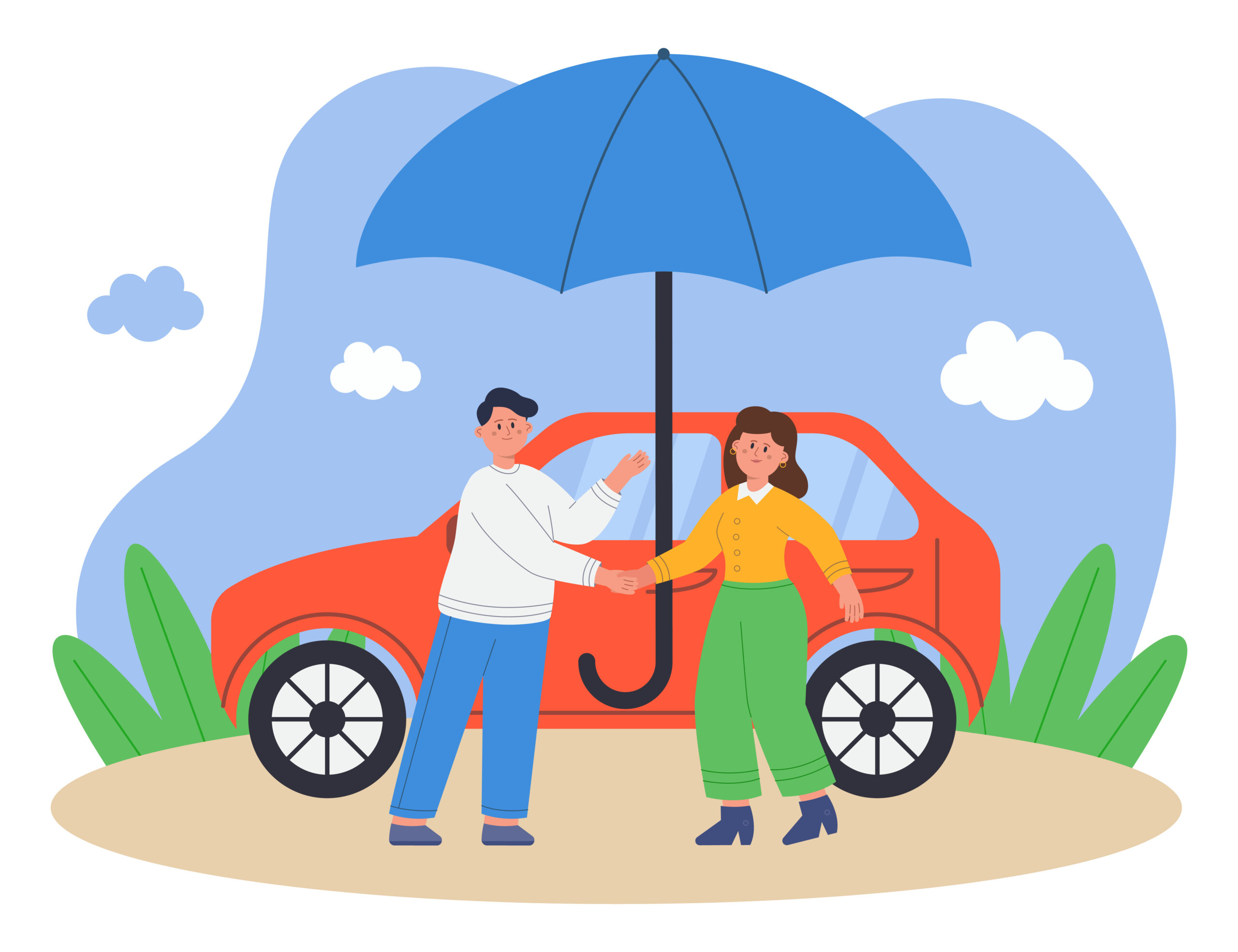 Umbrella covering cartoon car insurance agent and female driver